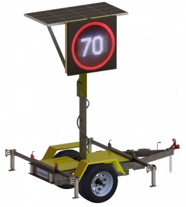Trailer mounted electronic variable speed limit sign deployed